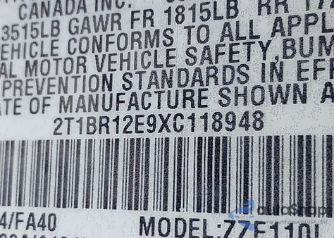 1999 Toyota Corolla Ve from USA, damaged, VIN 2T1BR12E9XC118948